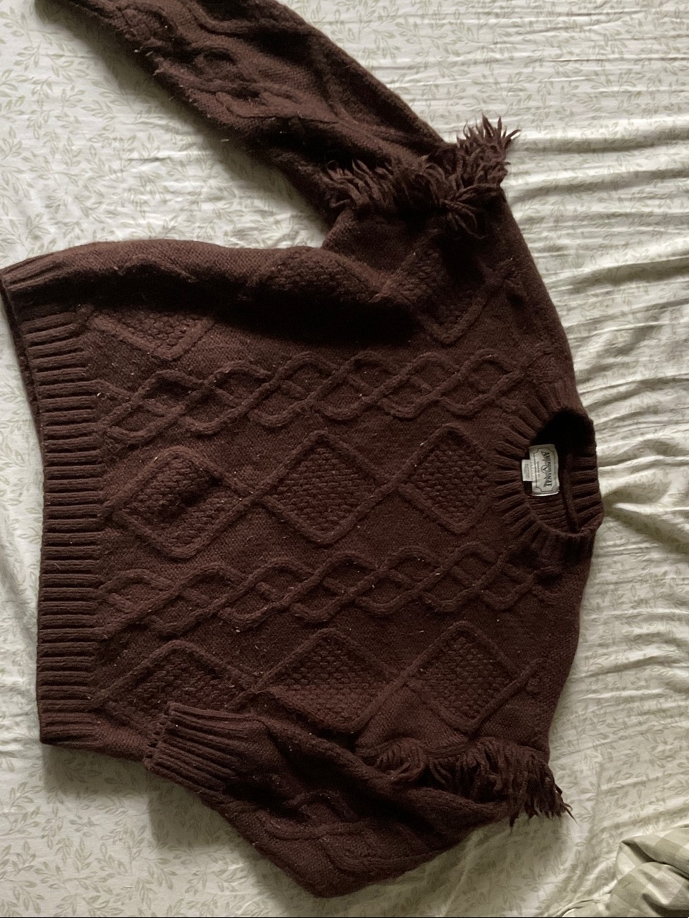 American Eagle Outfitters Brown Cable Knit Crewneck Sweater with Fringe
